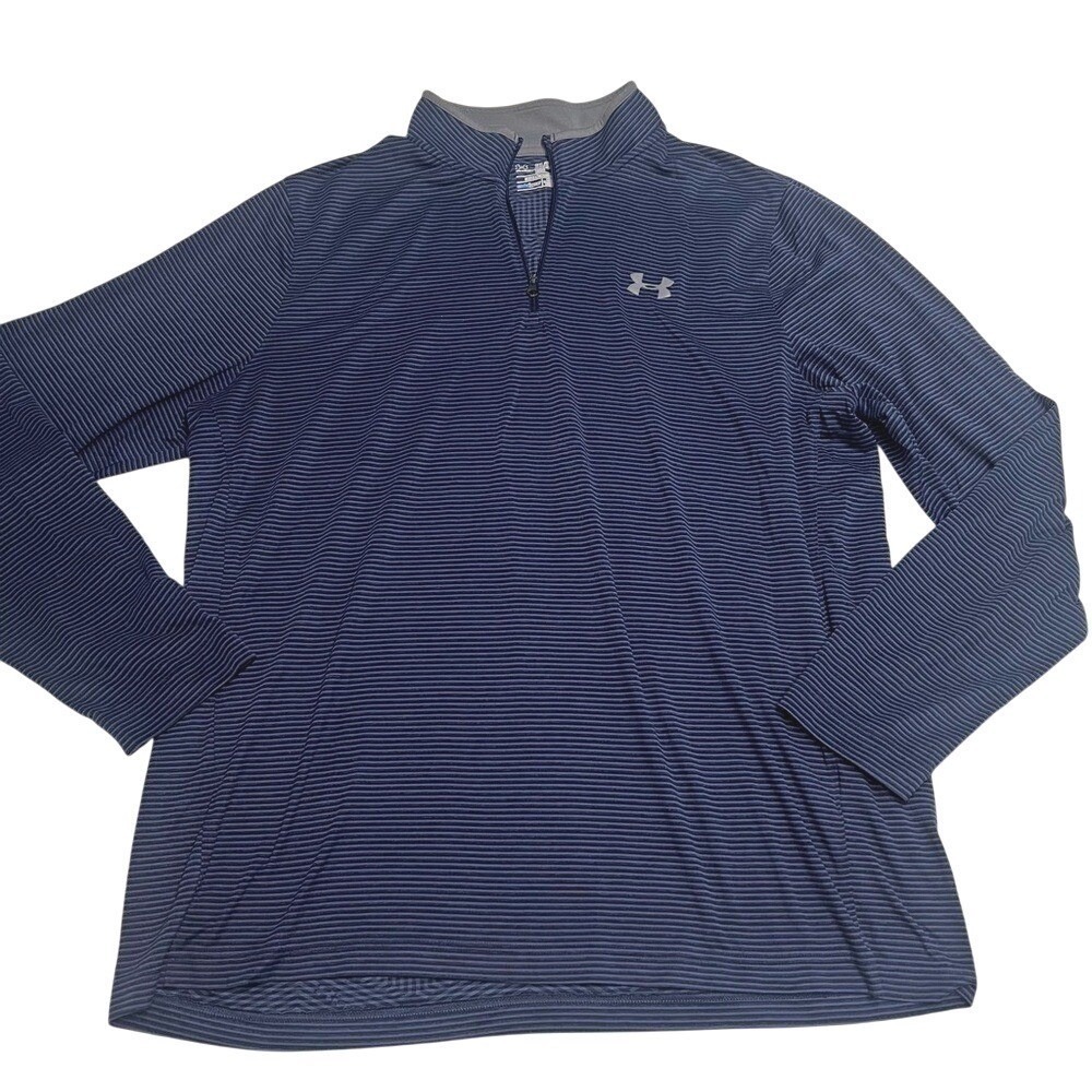 Under Armour Mens ColdGear 2XL Quarter Zip Pullover Navy Blue Striped Loose Fit